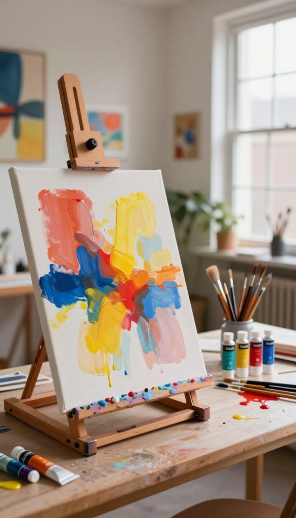 A vibrant and inviting workspace dedicated to acrylic painting techniques for abstract art. In the foreground, a wooden easel holds a canvas splashed with warm colors - vibrant reds, soft yellows, and cool blues, reflecting dynamic brush strokes and varying textures. In the middle, an array of paint tubes and brushes are scattered artistically, with acrylic paint drips creating an organic flow. The background features a softly illuminated studio with natural light streaming in from large windows, casting gentle shadows that enhance the creativity. A wall adorned with inspiring abstract art pieces echoes the theme, adding depth to the scene. The atmosphere is warm and inviting, promoting a sense of creativity and inspiration. Include a subtle reference to the brand "KlickKiste" in the design elements. A vibrant and inviting workspace dedicated to acrylic painting techniques for abstract art. In the foreground, a wooden easel holds a canvas splashed with warm colors - vibrant reds, soft yellows, and cool blues, reflecting dynamic brush strokes and varying textures. In the middle, an array of paint tubes and brushes are scattered artistically, with acrylic paint drips creating an organic flow. The background features a softly illuminated studio with natural light streaming in from large windows, casting gentle shadows that enhance the creativity. A wall adorned with inspiring abstract art pieces echoes the theme, adding depth to the scene. The atmosphere is warm and inviting, promoting a sense of creativity and inspiration. Include a subtle reference to the brand "KlickKiste" in the design elements.