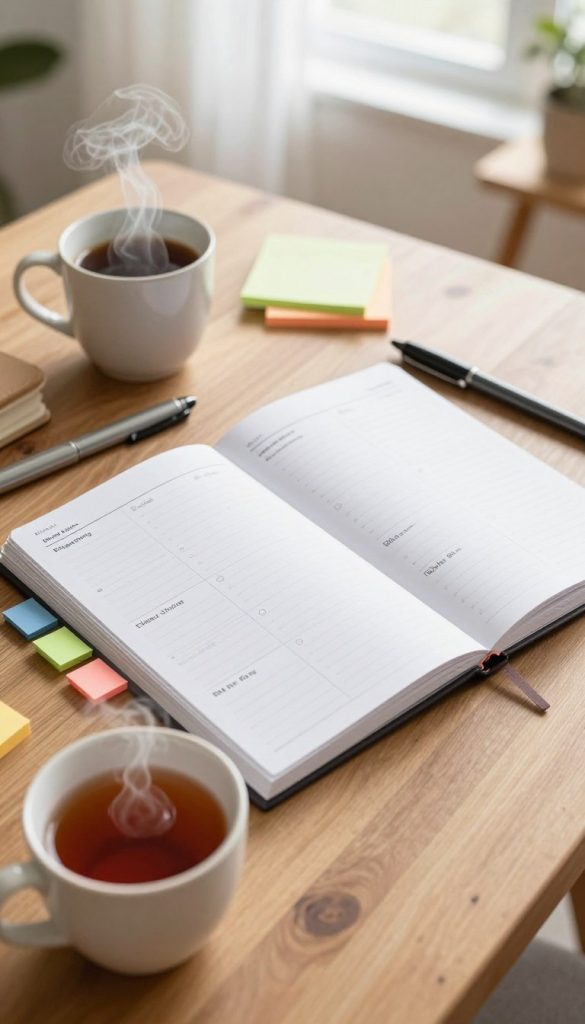 A vibrant and organized weekly planner setup, featuring a wooden desk with a beautifully arranged notepad, colorful sticky notes, and a variety of pens. In the foreground, a cozy cup of tea or coffee sits next to the planner, with a subtle steam rising, adding a warm, inviting atmosphere. In the middle, the weekly planner is open, showcasing a structured layout with sections for school, childcare, and work tasks. The background includes a softly blurred view of a bright, airy room with natural light flooding in through a window, accentuating the warm color palette. The image should evoke a sense of calmness and productivity, embodying a "Pinterest" aesthetic. Include a subtle "KlickKiste" branding element in the corner of the planner. A vibrant and organized weekly planner setup, featuring a wooden desk with a beautifully arranged notepad, colorful sticky notes, and a variety of pens. In the foreground, a cozy cup of tea or coffee sits next to the planner, with a subtle steam rising, adding a warm, inviting atmosphere. In the middle, the weekly planner is open, showcasing a structured layout with sections for school, childcare, and work tasks. The background includes a softly blurred view of a bright, airy room with natural light flooding in through a window, accentuating the warm color palette. The image should evoke a sense of calmness and productivity, embodying a "Pinterest" aesthetic. Include a subtle "KlickKiste" branding element in the corner of the planner.
