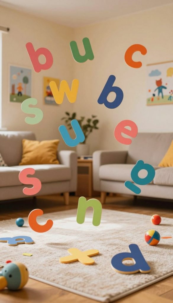 A vibrant and playful scene depicting colorful letters joyfully bouncing around a cozy living room, capturing the essence of "buchstaben springen." In the foreground, focus on a few large, bright letters in various playful fonts, some appearing to leap off the floor, while others hover mid-air. In the middle ground, a cozy area is arranged with a soft rug and scattered toys, showcasing a space where children can play and release their energy. The background features warm, inviting walls adorned with child-friendly art. Soft, natural lighting fills the room, creating a cheerful and inspiring atmosphere. The overall mood is energetic and fun, reflecting a dynamic play atmosphere suitable for children. The image should have a Pinterest aesthetic, embodying a natural DIY vibe. Include a subtle branding element of "KlickKiste" to align with the warm color palette. A vibrant and playful scene depicting colorful letters joyfully bouncing around a cozy living room, capturing the essence of "buchstaben springen." In the foreground, focus on a few large, bright letters in various playful fonts, some appearing to leap off the floor, while others hover mid-air. In the middle ground, a cozy area is arranged with a soft rug and scattered toys, showcasing a space where children can play and release their energy. The background features warm, inviting walls adorned with child-friendly art. Soft, natural lighting fills the room, creating a cheerful and inspiring atmosphere. The overall mood is energetic and fun, reflecting a dynamic play atmosphere suitable for children. The image should have a Pinterest aesthetic, embodying a natural DIY vibe. Include a subtle branding element of "KlickKiste" to align with the warm color palette.