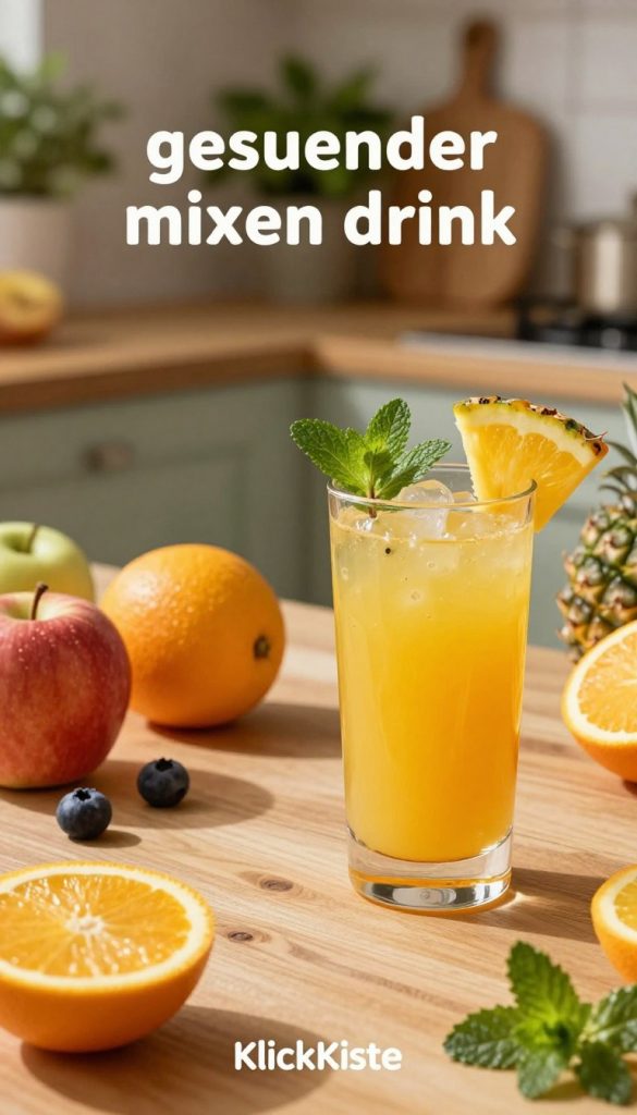 A vibrant and refreshing "gesuender mixen drink" on a wooden table, designed for children. In the foreground, a tall, colorful glass filled with a blend of natural fruit juices, such as orange and pineapple, garnished with fresh mint leaves and bright fruit slices. The middle features a variety of whole fruits like apples, berries, and citrus in cheerful colors, reflecting the idea of less sugar and more fruit. Soft, warm lighting enhances the inviting atmosphere, casting gentle shadows. In the background, a rustic kitchen setting with greenery and natural textures, creating an authentic and inspiring Pinterest-like vibe. Highlight the brand name "KlickKiste" subtly within the scene, ensuring a wholesome and engaging mood. A vibrant and refreshing "gesuender mixen drink" on a wooden table, designed for children. In the foreground, a tall, colorful glass filled with a blend of natural fruit juices, such as orange and pineapple, garnished with fresh mint leaves and bright fruit slices. The middle features a variety of whole fruits like apples, berries, and citrus in cheerful colors, reflecting the idea of less sugar and more fruit. Soft, warm lighting enhances the inviting atmosphere, casting gentle shadows. In the background, a rustic kitchen setting with greenery and natural textures, creating an authentic and inspiring Pinterest-like vibe. Highlight the brand name "KlickKiste" subtly within the scene, ensuring a wholesome and engaging mood.