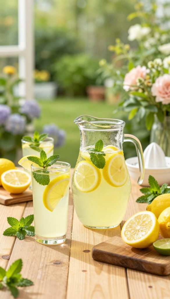 A vibrant and refreshing summer lemonade recipe scene featuring a beautifully arranged wooden table in the foreground. In the center, a large glass pitcher filled with homemade lemonade, glistening with condensation, alongside tall glasses garnished with fresh mint leaves and colorful citrus slices like lemons and limes. Scattered around are rustic wooden boards displaying ingredients such as fresh fruits, a juicer, and sprigs of herbs. The soft, warm lighting creates a cheerful and inviting atmosphere, suggesting a bright summer day. The background reveals a lush garden with green foliage and blooming flowers, enhancing the natural, DIY aesthetic. This image captures the essence of homemade refreshment, perfect for KlickKiste.