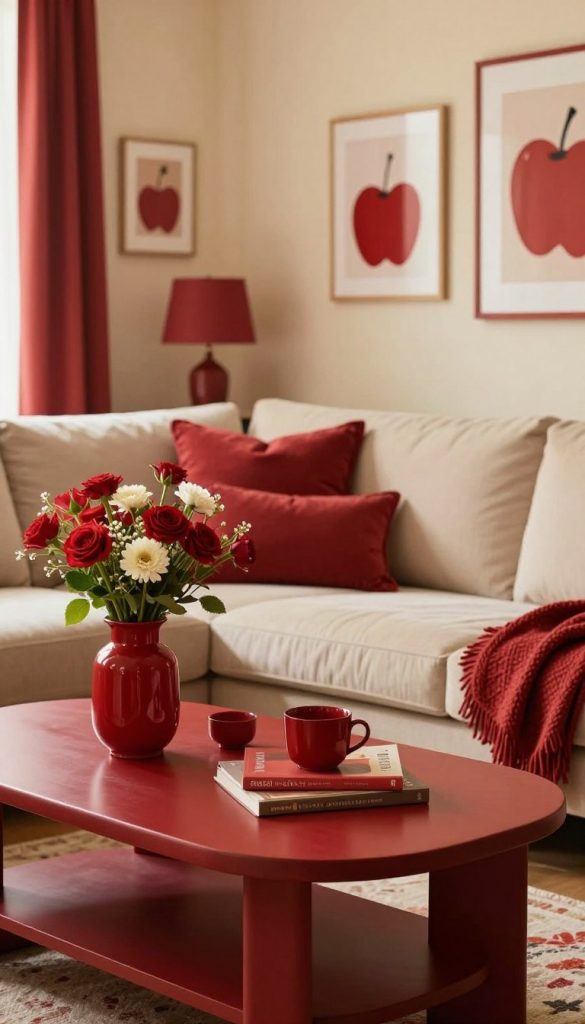A vibrant and stylish interior showcasing "cherry red" elements, focused on a cozy living space. In the foreground, a beautifully styled coffee table adorned with cherry red accents, like a vase of fresh flowers and elegant decor items. The middle ground features a plush sofa in soft neutral tones, complemented by cherry red cushions, creating a harmonious balance of colors and patterns. The background showcases an inviting wall painted in a warm cream, with art pieces that incorporate cherry red, enhancing the overall aesthetic. Natural light filters through a window, casting a warm glow, adding to the inviting atmosphere. This image embodies an authentic DIY feel with a Pinterest-worthy design, representing the brand "KlickKiste" as a source of inspiration for stylish home décor.