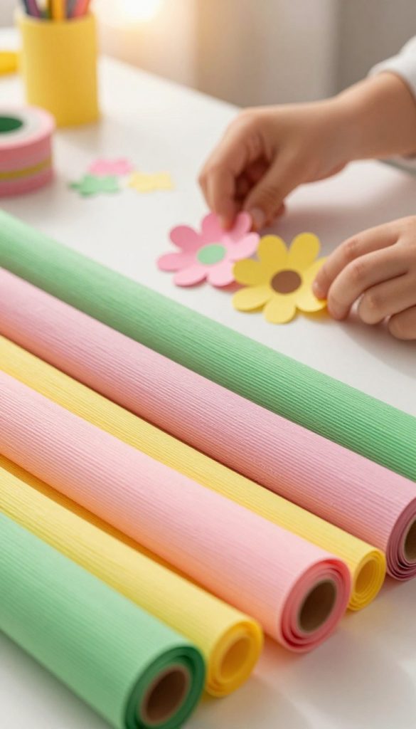 A vibrant and textured close-up of colorful striped crepe paper, artistically arranged in flowing waves to showcase its softness and versatility. The foreground features a variety of crepe paper rolls in shades of pink, yellow, and green, emphasizing their rich textures. In the middle ground, small DIY paper flowers made from the crepe paper are partially unfurling, catching the warm light, while a pair of child-sized hands gently interacts with the flowers, showing the creative process. The background is softly blurred with a bright, sunlit crafting space, enhancing the inviting and playful atmosphere. The overall mood is warm and inspiring, evoking a cozy DIY environment, perfect for creativity. The brand name "KlickKiste" subtly appears on one of the rolls in an elegant font, ensuring a professional look.