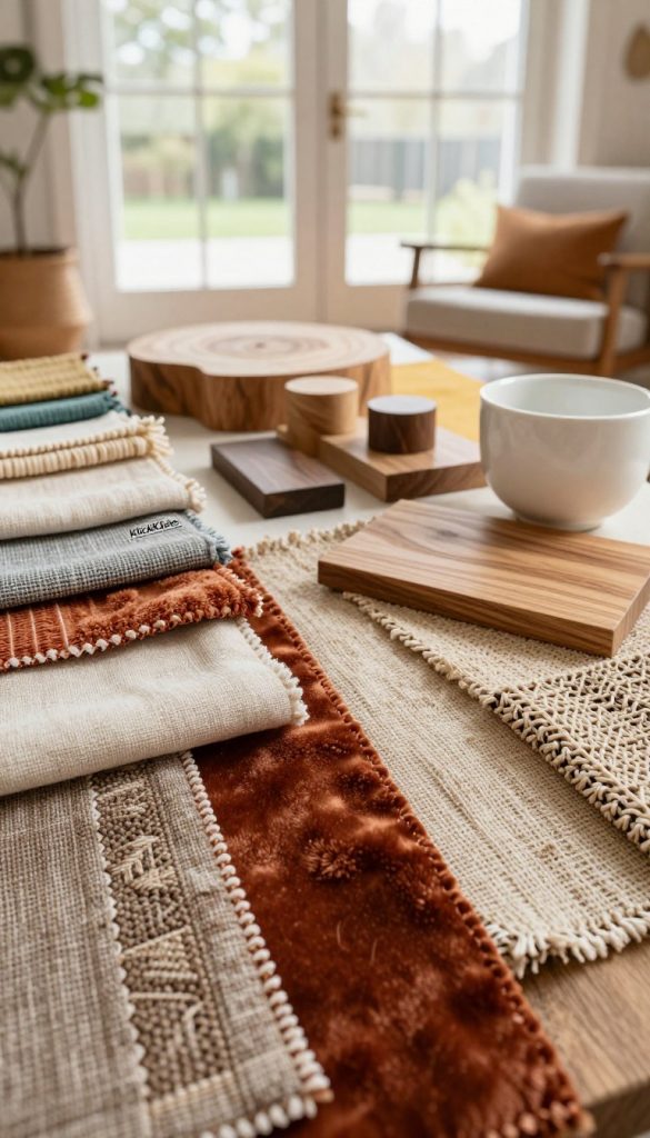 A vibrant and visually captivating collection of textured materials in warm, inviting colors, perfect for a modern interior style. In the foreground, showcase a variety of fabric swatches—linen, velvet, and natural fibers— with intricate patterns and rich hues. In the middle ground, display sample pieces of wood and ceramic, emphasizing their unique grains and finishes. The background should suggest a cozy, stylish room setting filled with natural light pouring in through large windows, creating a serene atmosphere. Use soft, diffused lighting to accentuate the textures and colors, enhancing their depth. The image should evoke a sense of authenticity and inspiration, aligning with the DIY aesthetic, reminiscent of a Pinterest board. Include the brand name "KlickKiste" subtly integrated into the scene.