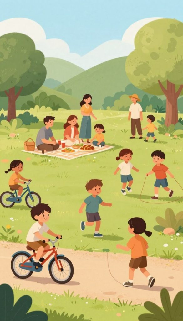 A vibrant and warm illustration depicting children's diverse physical activity in a natural park setting. In the foreground, a diverse group of children, wearing modest casual clothing, engages in playful activities; one child rides a bicycle, another jumps rope, and two are playing tag. In the middle ground, families enjoy a picnic and parents encourage their kids to play, creating an inspiring atmosphere. The background features greenery, trees, and a soft blue sky, bathed in warm sunlight to enhance the joyful mood. The composition should evoke a sense of community and energy, emphasizing outdoor fun and movement, representative of the theme "KlickKiste". Capture this scene with a slightly elevated angle to show both the children and the vibrant park setting, creating an inviting and refreshing ambiance.