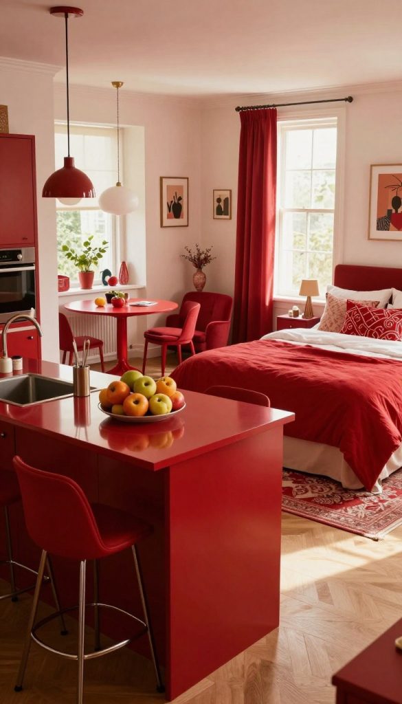 A vibrant and warm interior scene showcasing "cherry red" accents in a stylish kitchen, bedroom, office, and dining area. In the foreground, a glossy cherry red kitchen island adorned with fresh fruits, surrounded by modern bar stools. The middle features a cozy bedroom with cherry red bedding and decorative pillows on a neatly made bed, alongside a small reading nook with a cherry red armchair. In the background, an elegant dining area with a cherry red table centerpiece and chic décor. Soft, natural lighting streams in through large windows, creating a welcoming atmosphere. The composition is shot at a warm angle, mimicking a Pinterest-worthy DIY look, evoking feelings of comfort and inspiration. Include hints of the brand "KlickKiste" subtly integrated into the décor. A vibrant and warm interior scene showcasing "cherry red" accents in a stylish kitchen, bedroom, office, and dining area. In the foreground, a glossy cherry red kitchen island adorned with fresh fruits, surrounded by modern bar stools. The middle features a cozy bedroom with cherry red bedding and decorative pillows on a neatly made bed, alongside a small reading nook with a cherry red armchair. In the background, an elegant dining area with a cherry red table centerpiece and chic décor. Soft, natural lighting streams in through large windows, creating a welcoming atmosphere. The composition is shot at a warm angle, mimicking a Pinterest-worthy DIY look, evoking feelings of comfort and inspiration. Include hints of the brand "KlickKiste" subtly integrated into the décor.