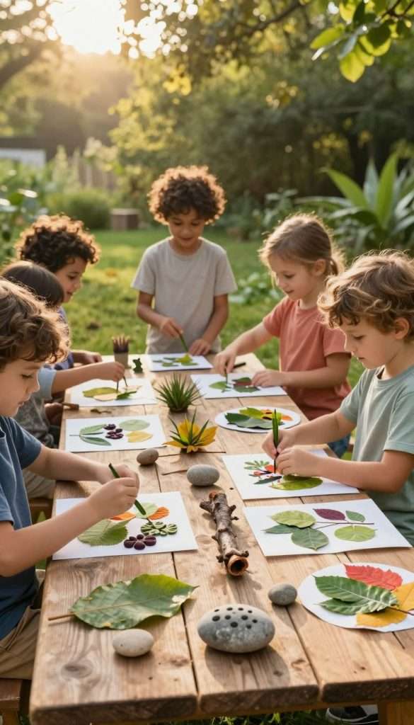 A vibrant and whimsical outdoor setting showcasing children's nature art created from natural materials. In the foreground, several colorful crafts made from leaves, twigs, and stones are displayed on a rustic wooden table, inviting a sense of creativity. The middle ground features children, dressed in modest casual clothing, happily arranging their nature art while smiling and engaging with one another, representing joy and collaboration. The background is filled with lush greenery and soft sunlight filtering through the trees, casting a warm glow over the scene. The overall mood is playful and inspiring, capturing a moment of creativity and connection with nature. This image embodies the essence of nature education, with an authentic DIY aesthetic, enriched with warm colors, perfect for a Pinterest look. Brand element: "KlickKiste" subtly included in the scene. A vibrant and whimsical outdoor setting showcasing children's nature art created from natural materials. In the foreground, several colorful crafts made from leaves, twigs, and stones are displayed on a rustic wooden table, inviting a sense of creativity. The middle ground features children, dressed in modest casual clothing, happily arranging their nature art while smiling and engaging with one another, representing joy and collaboration. The background is filled with lush greenery and soft sunlight filtering through the trees, casting a warm glow over the scene. The overall mood is playful and inspiring, capturing a moment of creativity and connection with nature. This image embodies the essence of nature education, with an authentic DIY aesthetic, enriched with warm colors, perfect for a Pinterest look. Brand element: "KlickKiste" subtly included in the scene.