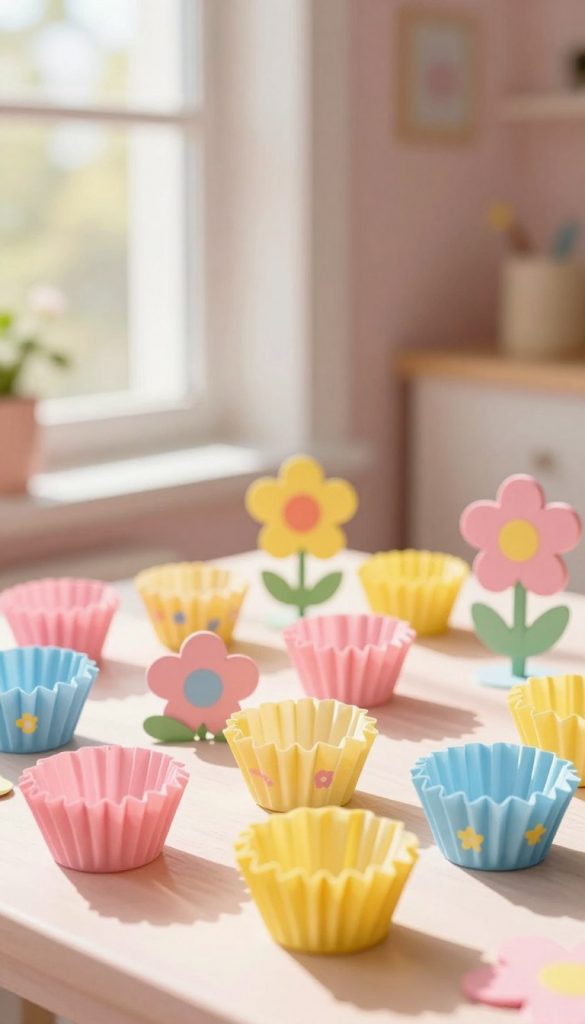 A vibrant and whimsical scene capturing a "Blumenwiese" created with colorful muffin liners designed as flowers. In the foreground, various sizes and shapes of muffin liner flowers bloom in an array of vivid hues like pink, yellow, and blue, each detailed with gentle folds and textures. The middle ground features a soft, blurred view of a warm, sunlit window, allowing natural light to illuminate the flowers, casting playful shadows. In the background, a cozy, inviting room is faintly visible, with pastel-colored walls, enhancing the cheerful and creative atmosphere. The overall mood is inspiring and warm, ideal for a DIY project setting, reflecting the brand "KlickKiste". The image should evoke a sense of creativity and springtime joy, using a soft focus effect with gentle daylight illuminating the scene.