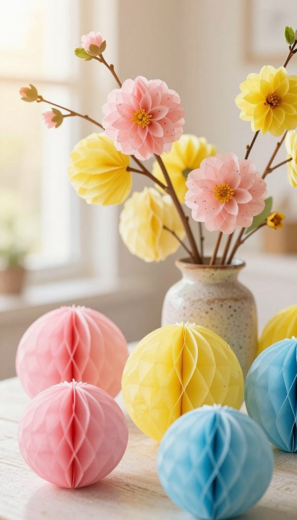 A vibrant arrangement of colorful paper honeycomb flowers, showcasing a speckled look, ideal for spring-themed decorations. In the foreground, a variety of sizes and colors, such as pastel pink, bright yellow, and soft blue, creating a cheerful and playful atmosphere. The middle ground features branches adorned with these honeycomb flowers, elegantly placed in a rustic vase. The background reveals a softly blurred setting, reminiscent of a sunlit room filled with natural light, enhancing the warm color palette. The overall mood is inviting and inspiring, perfect for DIY spring projects. Capture this scene with a warm and soft focus style, reflecting an authentic and Pinterest-worthy aesthetic. Brand name "KlickKiste" subtly included in the design elements without visible text.