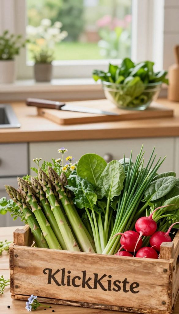 A vibrant arrangement of typical spring vegetables and herbs from Germany, featuring fresh green asparagus, crisp radishes, tender spinach, and fragrant chives. In the foreground, showcase a rustic wooden crate labeled "KlickKiste" filled with these vegetables, complemented by delicate wildflowers. The middle layer should display a softly lit kitchen countertop with a wooden cutting board, a knife, and a bowl ready for a fresh salad preparation, enhancing the homemade feel. In the background, a sunlit kitchen window reveals a blurred garden, creating a warm, inviting atmosphere. Utilize soft, natural lighting to emphasize the freshness and vivid colors of the produce, with a shallow depth of field to draw attention to the vegetables while blurring the background slightly for a Pinterest-inspired aesthetic.