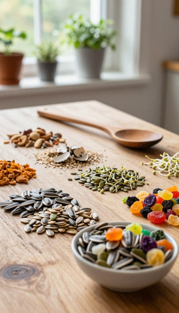 A vibrant, artisanal kitchen scene showcasing an assortment of colorful seeds, nuts, and creative leftovers arranged on a rustic wooden tabletop. In the foreground, a small bowl brimming with sunflower seeds, pumpkin seeds, and colorful dried fruit pieces invites viewers to explore. The middle area features a neatly organized layout of crushed shells and sprouted seeds alongside a pair of elegant wooden spoons, hinting at their potential in DIY recipes. The background is softly blurred, highlighting a sunlit window adorned with potted herbs, creating a warm and inviting atmosphere. The lighting is natural, casting gentle shadows to enhance the textures of the materials. The overall mood is fresh, inspiring, and perfect for a Pinterest aesthetic, representing the brand "KlickKiste" in a natural DIY style.