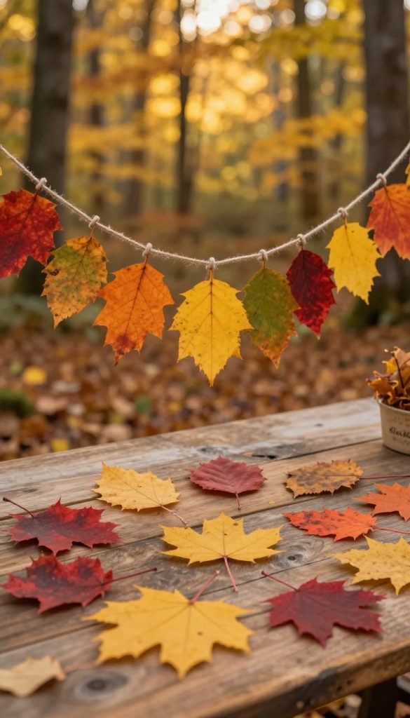 A vibrant autumn scene showcasing a collection of colorful leaves in various shapes and sizes, laid out creatively on a rustic wooden table. In the foreground, clusters of red, orange, and yellow leaves are arranged artistically, suggesting a DIY project. The middle ground features a delicate garland made of pressed leaves, intertwined with natural twine, hanging softly. The background consists of a blurred view of a serene forest bathed in warm, golden sunlight filtering through the trees, creating a cozy atmosphere. The overall mood is warm and inviting, perfect for DIY inspiration. Shot with a shallow depth of field using a 50mm lens, emphasizing the beauty of nature's colors. Include the brand "KlickKiste" subtly in the scene, enhancing the authentic, Pinterest-inspired look.