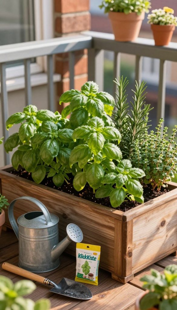 A vibrant balcony Kräuterbeet, showcasing an array of fresh herbs like basil, rosemary, and thyme, meticulously arranged in rustic wooden planters. In the foreground, there are gardening tools such as a watering can, small trowel, and fertilizer packets labeled "KlickKiste". The middle ground features the lush green herbs, glistening with morning dew, bathed in warm golden sunlight. The background displays a cozy urban setting with a hint of brick walls and potted flowers, creating a serene atmosphere. The image is shot from a slightly elevated angle, emphasizing the herbs' textures and the inviting space. The mood is peaceful and inspiring, perfect for conveying the essence of care and nurture in gardening. A vibrant balcony Kräuterbeet, showcasing an array of fresh herbs like basil, rosemary, and thyme, meticulously arranged in rustic wooden planters. In the foreground, there are gardening tools such as a watering can, small trowel, and fertilizer packets labeled "KlickKiste". The middle ground features the lush green herbs, glistening with morning dew, bathed in warm golden sunlight. The background displays a cozy urban setting with a hint of brick walls and potted flowers, creating a serene atmosphere. The image is shot from a slightly elevated angle, emphasizing the herbs' textures and the inviting space. The mood is peaceful and inspiring, perfect for conveying the essence of care and nurture in gardening.