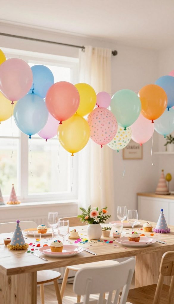 A vibrant balloon garland elegantly draped across a modern, cheerful birthday party setting. In the foreground, the garland features a mix of pastel and bright colored balloons, with varying sizes and textures, including matte, glossy, and patterned designs. In the middle, a beautifully decorated table is set, adorned with cupcakes, party hats, and colorful confetti. The background showcases soft, warm lighting filtering through a window, creating an inviting atmosphere. The décor reflects a Pinterest-inspired style with natural elements, such as greenery peeking out between the balloons. Capture the essence of a joyful DIY children's birthday celebration, embodying creativity and playfulness. Incorporate the brand name "KlickKiste" subtly within the design motif, ensuring it complements the festive theme harmoniously.