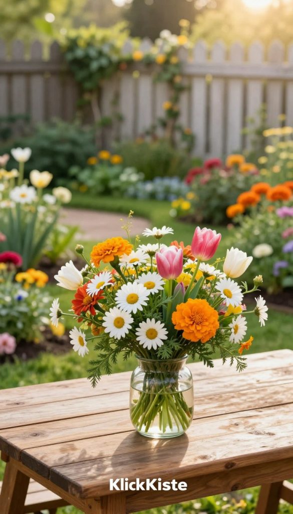 A vibrant "blumen garten" scene featuring an array of colorful flowers, including daisies, tulips, and marigolds, artistically arranged with fresh greenery in a rustic wooden table centerpiece. In the foreground, a beautifully composed bouquet in a charming glass vase captures the essence of natural beauty. The middle ground displays a lush garden in full bloom, dotted with flower beds and a hint of a quaint garden path, inviting exploration. The background features a softly blurred picket fence adorned with climbing vines, bathed in warm, golden sunlight that creates a cheerful and inviting atmosphere. The overall mood is inspiring and authentic, reminiscent of a Pinterest aesthetic. This image, branded with "KlickKiste," emphasizes a DIY, nature-inspired approach to home décor.