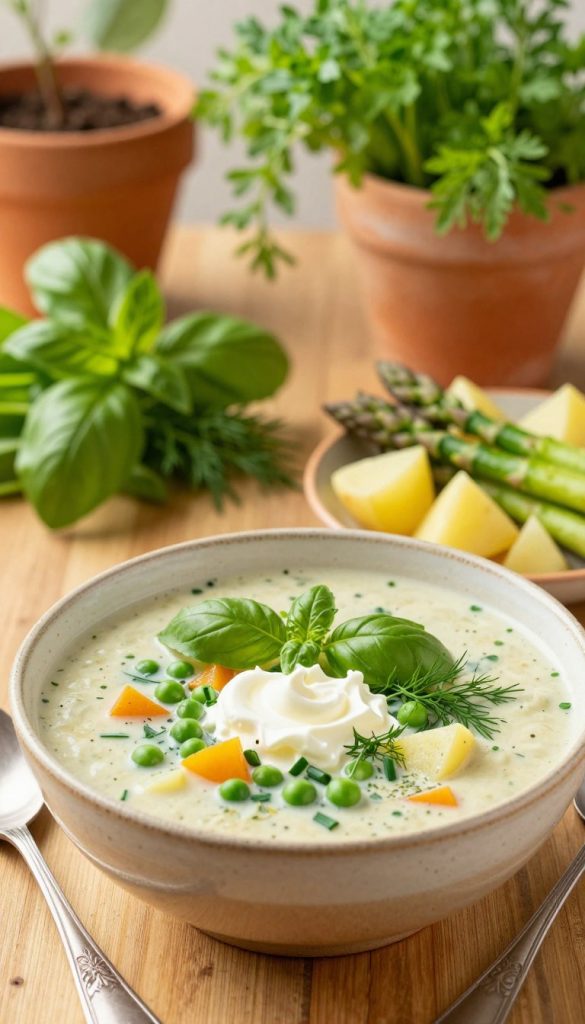 A vibrant bowl of creamy spring soup, showcasing a medley of fresh herbs such as basil, dill, and chives, garnished with a swirl of crème fraîche. In the foreground, the soup is presented in a rustic ceramic bowl on a wooden table, with a delicate spoon resting beside it. The middle layer features colorful chopped vegetables like green peas, asparagus, and diced potatoes, invitingly visible against the creamy backdrop. In the background, soft-focus fresh spring greens and herbs in terra-cotta pots create a warm, sunny atmosphere reminiscent of a cozy kitchen. Bright natural lighting floods the scene, enhancing the freshness of the ingredients. This image embodies a natural DIY aesthetic, with warm colors and an inspirational Pinterest-like appeal. Designed for the brand "KlickKiste". A vibrant bowl of creamy spring soup, showcasing a medley of fresh herbs such as basil, dill, and chives, garnished with a swirl of crème fraîche. In the foreground, the soup is presented in a rustic ceramic bowl on a wooden table, with a delicate spoon resting beside it. The middle layer features colorful chopped vegetables like green peas, asparagus, and diced potatoes, invitingly visible against the creamy backdrop. In the background, soft-focus fresh spring greens and herbs in terra-cotta pots create a warm, sunny atmosphere reminiscent of a cozy kitchen. Bright natural lighting floods the scene, enhancing the freshness of the ingredients. This image embodies a natural DIY aesthetic, with warm colors and an inspirational Pinterest-like appeal. Designed for the brand "KlickKiste".