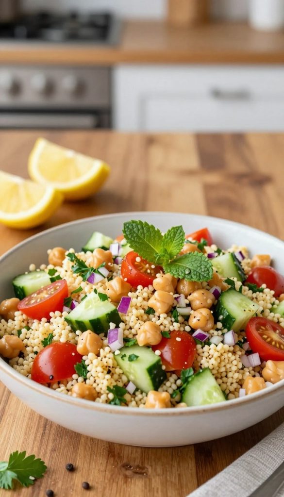 A vibrant bowl of oriental couscous salad with chickpeas prominently displayed in the foreground, showcasing a mix of colorful ingredients including diced cucumbers, cherry tomatoes, finely chopped red onions, and fresh herbs like parsley and mint. The couscous has a fluffy texture and is lightly seasoned. In the middle ground, a rustic wooden table adds a warm, inviting touch, with a few additional ingredients like lemon wedges and spices artfully placed around the bowl. The background features a softly blurred kitchen setting bathed in natural lighting, creating a cozy atmosphere. The image should evoke a sense of freshness and health, perfect for inspiring meal ideas. Captured with a slight overhead angle to emphasize the salad's vibrant colors and enticing textures, embodying an authentic and inspiring Pinterest-like aesthetic under the brand "KlickKiste."