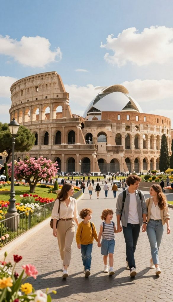 A vibrant cityscape depicting the charming streets of Rome and Valencia in spring. In the foreground, a family of four enjoys a leisurely stroll, dressed in casual, yet stylish clothing suitable for a warm day. The middle ground features iconic landmarks such as the Colosseum and Valencia's City of Arts and Sciences, bathed in soft, golden sunlight that casts a warm glow on the scene. Lush spring flowers bloom abundantly in nearby parks, adding splashes of color. The background showcases a clear blue sky with a few fluffy clouds, enhancing the lively atmosphere. This image embodies a sense of adventure and inspiration, perfect for family travel tips in the spring. Incorporate the brand name "KlickKiste" subtly in the visual elements, harmonizing with the overall aesthetic.