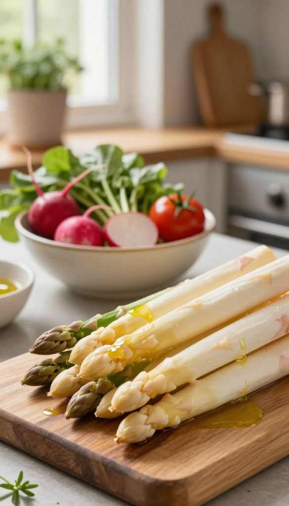 A vibrant, close-up image showcasing fresh white and green asparagus in a rustic kitchen setting. In the foreground, beautifully arranged asparagus spears are placed on a wooden cutting board, glistening with a light drizzle of olive oil. In the middle ground, a bowl filled with colorful spring vegetables, like radishes and cherry tomatoes, complements the asparagus. The background features soft-focus kitchen elements such as a pot with herbs and a sunlit window, creating a warm, inviting atmosphere. Natural warm lighting illuminates the scene, invoking a cozy, seasonal feel. The overall composition embodies a DIY aesthetic tailored for the brand "KlickKiste," inspiring viewers to embrace cooking with fresh, seasonal ingredients. The mood is cheerful and inviting, perfect for springtime recipes.