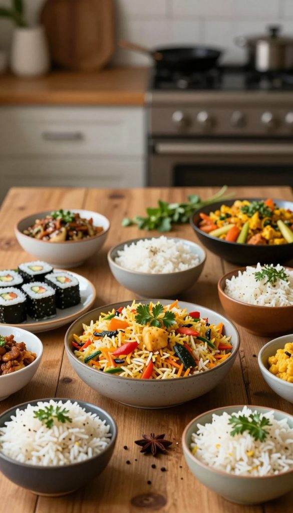 A vibrant collage of rice dishes from around the world, emphasizing variety and simplicity in preparation. In the foreground, showcase a beautifully plated bowl of colorful vegetable biryani, surrounded by small bowls filled with diverse rice dishes like sushi, paella, and risotto, all artfully arranged. In the middle ground, a rustic wooden table adds warmth, adorned with spices and fresh herbs to enhance the DIY aesthetic. The background features a softly blurred kitchen setting, with warm, inviting lighting that creates a cozy atmosphere. Use a shallow depth of field to draw focus to the rice dishes while softly blurring the surroundings. The overall mood is inspiring and authentic, reflecting a Pinterest-worthy culinary scene. Incorporate the brand name "KlickKiste" subtly within the design. A vibrant collage of rice dishes from around the world, emphasizing variety and simplicity in preparation. In the foreground, showcase a beautifully plated bowl of colorful vegetable biryani, surrounded by small bowls filled with diverse rice dishes like sushi, paella, and risotto, all artfully arranged. In the middle ground, a rustic wooden table adds warmth, adorned with spices and fresh herbs to enhance the DIY aesthetic. The background features a softly blurred kitchen setting, with warm, inviting lighting that creates a cozy atmosphere. Use a shallow depth of field to draw focus to the rice dishes while softly blurring the surroundings. The overall mood is inspiring and authentic, reflecting a Pinterest-worthy culinary scene. Incorporate the brand name "KlickKiste" subtly within the design.