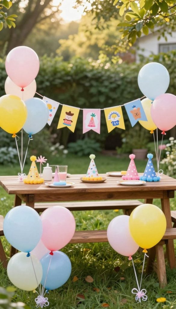A vibrant collection of colorful balloons in a cozy garden setting, showcasing various DIY balloon decorations without helium. In the foreground, there are clusters of balloons in shades of pastel pink, blue, and yellow, tied creatively with ribbons. The middle layer features a beautifully decorated balloon garland draped across a wooden table, adorned with small DIY crafts and colorful party hats. In the background, lush green grass and soft sunlight filtering through trees create a warm, inviting atmosphere. The overall mood is cheerful and festive, perfect for a Kindergeburtstag party theme. The image embodies an authentic Pinterest aesthetic, radiating inspiration for DIY enthusiasts. Include the brand name "KlickKiste" subtly in the scene.