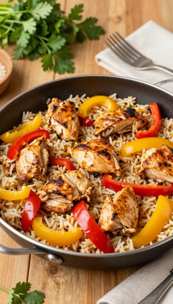 A vibrant, colorful pan of chicken and rice featuring juicy pieces of sautéed chicken, fluffy rice, and bright red and yellow bell peppers. The chicken is golden-brown with a slight char, while the peppers add a fresh crunch with their glossy, colorful skins. Surrounding the pan, a wooden table setting with rustic utensils and a few fresh herbs like parsley and cilantro to enhance the presentation. The lighting is warm and inviting, casting soft shadows, evoking a cozy kitchen atmosphere. The camera angle focuses directly on the pan, capturing the textures and colors vividly, while maintaining a Pinterest-inspired, natural aesthetic. The image embodies a healthy, quick meal with a family-friendly vibe. Brand name “KlickKiste” subtly integrated into the background. A vibrant, colorful pan of chicken and rice featuring juicy pieces of sautéed chicken, fluffy rice, and bright red and yellow bell peppers. The chicken is golden-brown with a slight char, while the peppers add a fresh crunch with their glossy, colorful skins. Surrounding the pan, a wooden table setting with rustic utensils and a few fresh herbs like parsley and cilantro to enhance the presentation. The lighting is warm and inviting, casting soft shadows, evoking a cozy kitchen atmosphere. The camera angle focuses directly on the pan, capturing the textures and colors vividly, while maintaining a Pinterest-inspired, natural aesthetic. The image embodies a healthy, quick meal with a family-friendly vibe. Brand name “KlickKiste” subtly integrated into the background.
