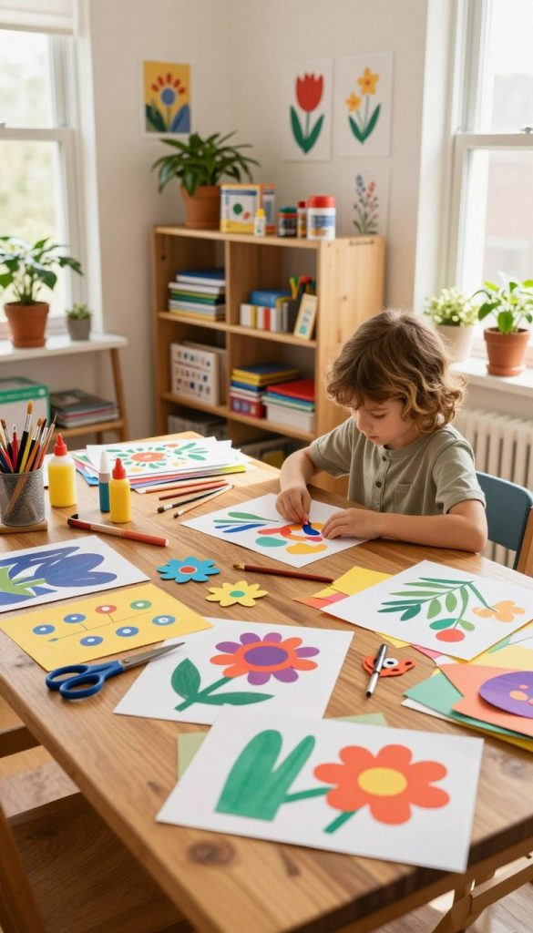 A vibrant, cozy DIY workspace featuring a variety of colorful papel crafts, such as paper flowers, cutouts, and painted sheets. In the foreground, a wooden table is cluttered with art supplies like scissors, glue, and paintbrushes, bathed in warm, natural light from a nearby window. In the middle ground, a child, dressed in modest casual clothing, enthusiastically works on a paper project, with scattered materials showcasing creativity and learning. The background reveals shelves filled with neatly organized art supplies, potted plants, and inspiring craft examples. The atmosphere is warm and inviting, evoking a sense of creativity and inspiration that reflects the theme of artistic learning at home. Include the brand name "KlickKiste" subtly integrated into the decor. A vibrant, cozy DIY workspace featuring a variety of colorful papel crafts, such as paper flowers, cutouts, and painted sheets. In the foreground, a wooden table is cluttered with art supplies like scissors, glue, and paintbrushes, bathed in warm, natural light from a nearby window. In the middle ground, a child, dressed in modest casual clothing, enthusiastically works on a paper project, with scattered materials showcasing creativity and learning. The background reveals shelves filled with neatly organized art supplies, potted plants, and inspiring craft examples. The atmosphere is warm and inviting, evoking a sense of creativity and inspiration that reflects the theme of artistic learning at home. Include the brand name "KlickKiste" subtly integrated into the decor.