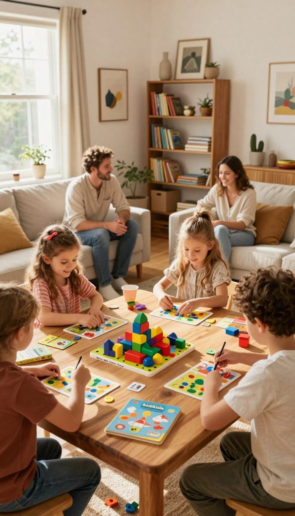 A vibrant, cozy living room setting featuring a family engaged in educational games together. In the foreground, cheerful children aged 5-10 interact with colorful, educational toys and games spread out on a handcrafted wooden table, showcasing a mix of puzzles, flashcards, and building blocks from the brand "KlickKiste." The middle space reveals parents encouraging their kids, emphasizing a supportive and positive atmosphere. In the background, shelves filled with books and artistic decorations add warmth and inspiration, while natural light floods the room through large windows, casting soft shadows. The scene should embody warmth, togetherness, and the joy of learning, with a Pinterest-inspired aesthetic utilizing earthy tones and a modern yet cozy flair. A vibrant, cozy living room setting featuring a family engaged in educational games together. In the foreground, cheerful children aged 5-10 interact with colorful, educational toys and games spread out on a handcrafted wooden table, showcasing a mix of puzzles, flashcards, and building blocks from the brand "KlickKiste." The middle space reveals parents encouraging their kids, emphasizing a supportive and positive atmosphere. In the background, shelves filled with books and artistic decorations add warmth and inspiration, while natural light floods the room through large windows, casting soft shadows. The scene should embody warmth, togetherness, and the joy of learning, with a Pinterest-inspired aesthetic utilizing earthy tones and a modern yet cozy flair.