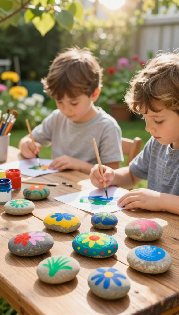 A vibrant, cozy scene featuring children painting colorful stones in an outdoor setting. In the foreground, several polished stones in various shapes are scattered on a wooden table, each displaying bright, whimsical designs created by young hands. The middle ground showcases two children, dressed in modest casual clothing, focused on their artistic creations, their faces showing concentration and joy. Surrounding them is a lush garden with sun-dappled greenery, colorful flowers, and light streaming through the leaves, casting a warm glow over the scene. In the background, there are hints of crafting supplies like paintbrushes and pots of paint. The atmosphere is playful, inviting, and full of inspiration, demonstrating a joyful DIY moment by "KlickKiste".