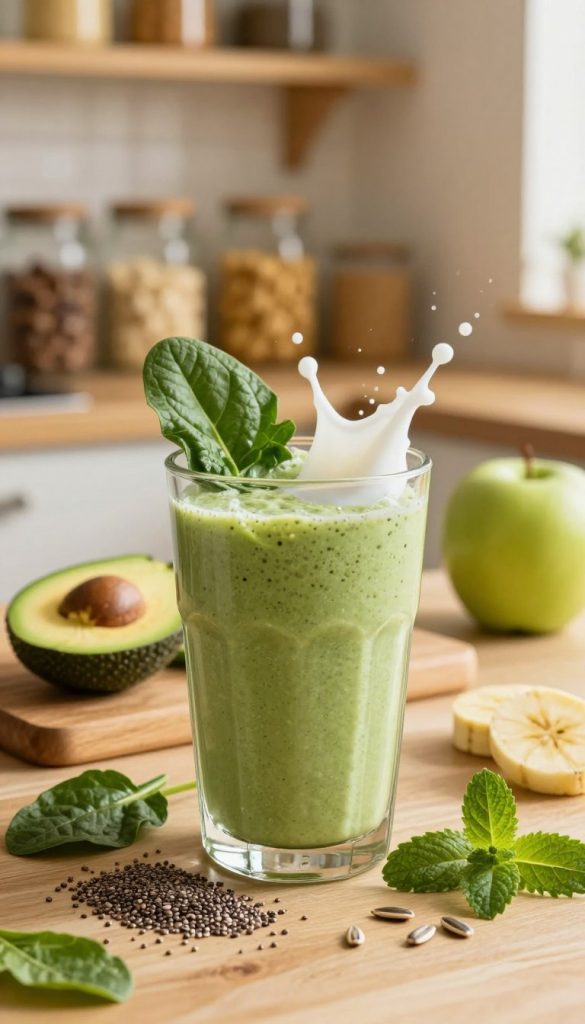 A vibrant, creamy green smoothie in a rustic glass sits prominently in the foreground, filled with fresh spinach, ripe bananas, and a splash of coconut milk. Surrounding the glass, there are scattered healthy ingredients like chia seeds, sunflower seeds, and fresh mint leaves, adding texture and color. In the middle ground, a wooden cutting board displays sliced avocado and green apples, hinting at the ingredients used. The background is softly blurred, featuring a warm, sunlit kitchen with wooden shelves lined with jars of nuts and grains, enhancing the natural, DIY feel. Soft, golden lighting creates an inviting atmosphere, reminiscent of cozy mornings. The image embodies a fresh, inspiring look perfect for a healthy lifestyle, branded subtly with "KlickKiste.”