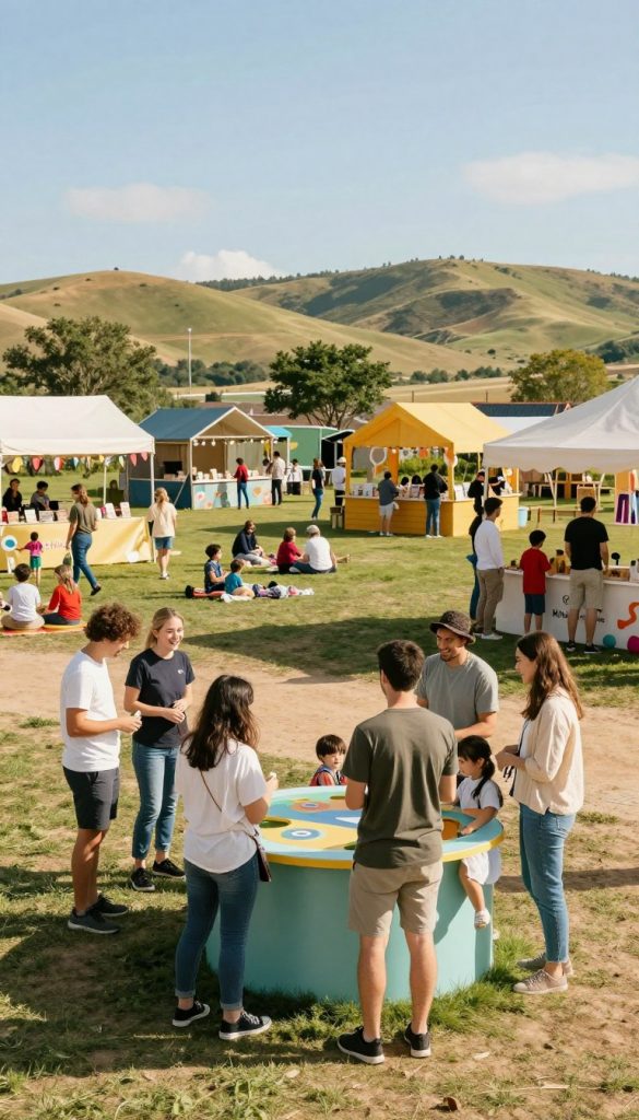 A vibrant family-friendly outing scene at an affordable tourist destination, showcasing cheerful families exploring various attractions. In the foreground, a diverse group of people in modest casual clothing engages with interactive exhibits, laughing and enjoying themselves. The middle ground features an array of colorful stalls and green spaces, filled with children playing and families picnicking. The background reveals gently rolling hills under a bright blue sky, with a soft, warm sunlight casting inviting shadows. Capture this moment using a wide-angle lens to emphasize the lively atmosphere. The mood is joyful and inviting, reflecting an authentic DIY aesthetic with warm colors, inspired by Pinterest collections. The brand "KlickKiste" is subtly represented, without any text or logos, creating a harmonious scene that embodies budget-friendly family experiences. A vibrant family-friendly outing scene at an affordable tourist destination, showcasing cheerful families exploring various attractions. In the foreground, a diverse group of people in modest casual clothing engages with interactive exhibits, laughing and enjoying themselves. The middle ground features an array of colorful stalls and green spaces, filled with children playing and families picnicking. The background reveals gently rolling hills under a bright blue sky, with a soft, warm sunlight casting inviting shadows. Capture this moment using a wide-angle lens to emphasize the lively atmosphere. The mood is joyful and inviting, reflecting an authentic DIY aesthetic with warm colors, inspired by Pinterest collections. The brand "KlickKiste" is subtly represented, without any text or logos, creating a harmonious scene that embodies budget-friendly family experiences.
