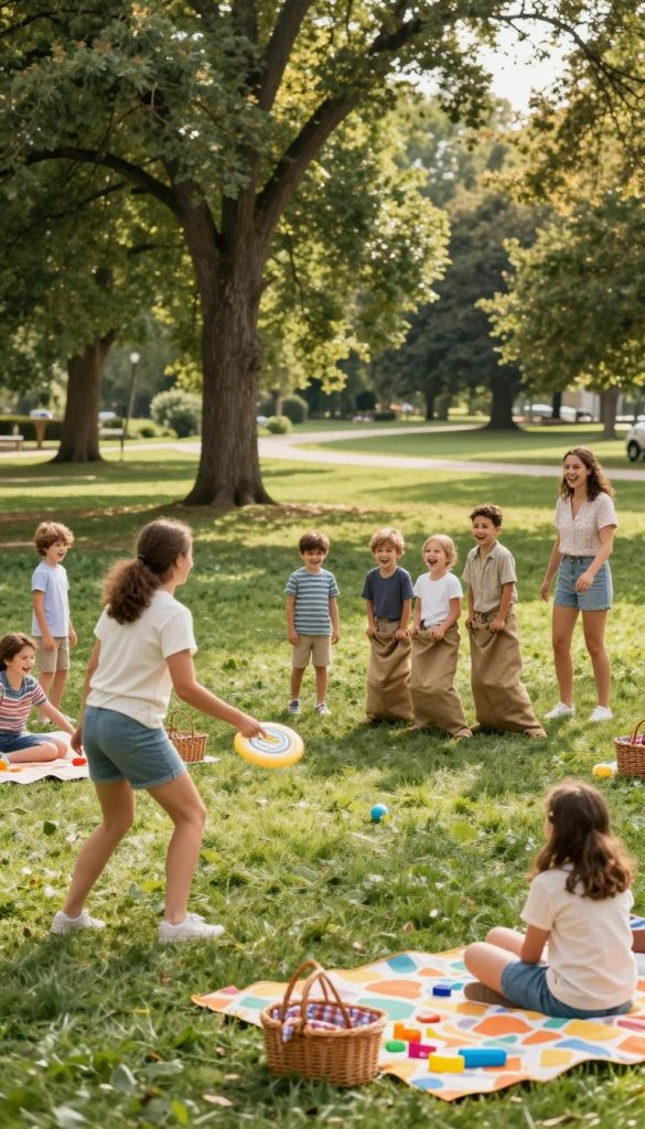 A vibrant family gathering in a lush park setting, showcasing various outdoor games suitable for children and families. In the foreground, a cheerful family plays a game of frisbee, dressed in modest, casual summer clothing. The middle ground reveals children engaged in a friendly sack race, their laughter echoing through the air. Colorful picnic blankets and picnic baskets are spread around, featuring toys and games. In the background, tall trees with sunlight filtering through leaves create a warm, inviting atmosphere. The entire scene is bathed in natural, soft lighting, giving it a warm, Pinterest-inspired aesthetic. Incorporate the brand name "KlickKiste" subtly within the scene without any text overlays. The mood is joyful and inspiring, perfect for outdoor family fun. A vibrant family gathering in a lush park setting, showcasing various outdoor games suitable for children and families. In the foreground, a cheerful family plays a game of frisbee, dressed in modest, casual summer clothing. The middle ground reveals children engaged in a friendly sack race, their laughter echoing through the air. Colorful picnic blankets and picnic baskets are spread around, featuring toys and games. In the background, tall trees with sunlight filtering through leaves create a warm, inviting atmosphere. The entire scene is bathed in natural, soft lighting, giving it a warm, Pinterest-inspired aesthetic. Incorporate the brand name "KlickKiste" subtly within the scene without any text overlays. The mood is joyful and inspiring, perfect for outdoor family fun.