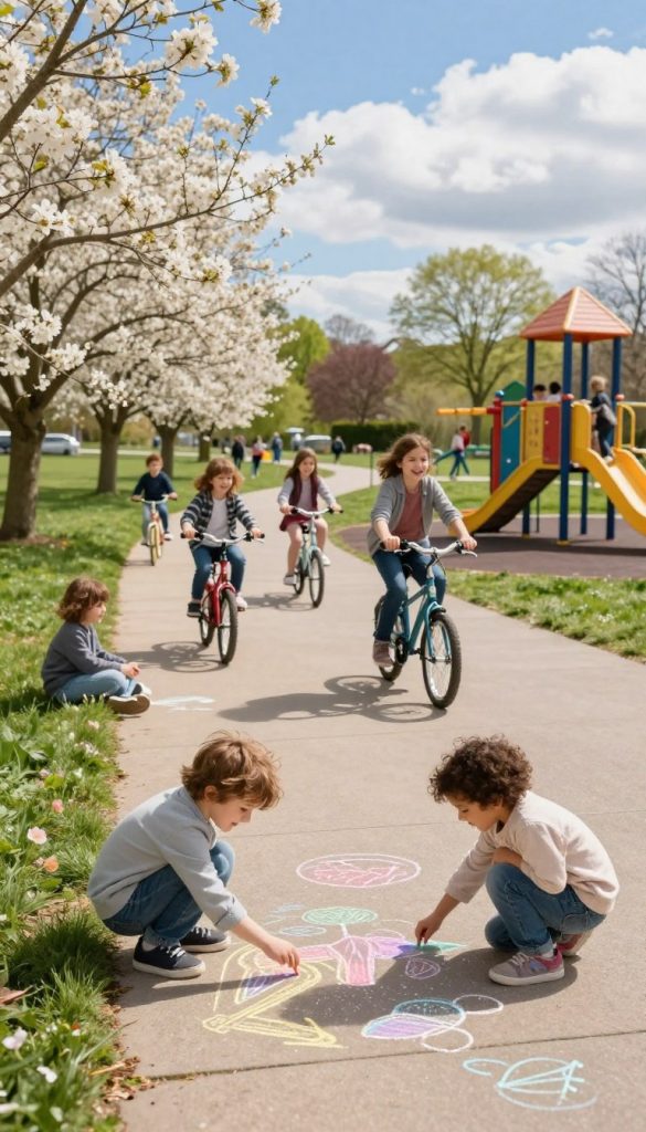 A vibrant family scene depicting a spring day filled with activities like a cycling tour, children playing on a colorful playground, and a chalk drawing area. In the foreground, kids of diverse backgrounds, wearing casual spring attire, are laughing and sketching with chalk on a sidewalk. In the middle, a group of families rides bicycles along a winding path lined with blooming trees and lush grass. In the background, a bright blue sky filled with fluffy clouds adds a cheerful atmosphere. The scene is bathed in warm, natural sunlight, creating a cozy and inviting vibe, embodying a DIY aesthetic with inspiration from Pinterest. The image represents "KlickKiste" by capturing authentic, joyful family moments in the spring.