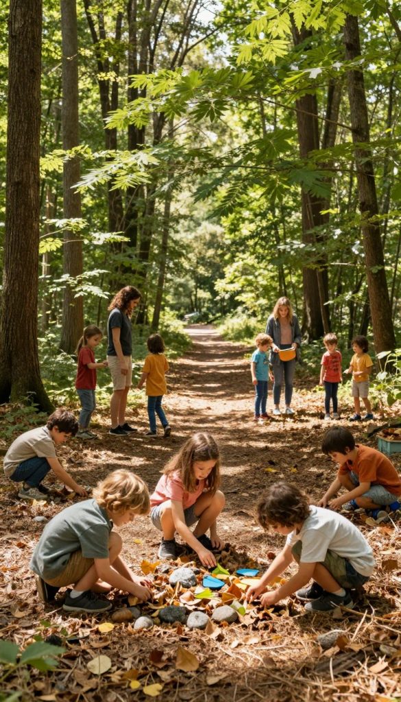 A vibrant forest scene brimming with life, showcasing a diverse group of children engaged in various budget-friendly activities. In the foreground, a small group of children, dressed in modest, colorful clothing, is joyfully exploring the forest floor, collecting leaves and rocks for a DIY project. In the middle ground, families are seen playing games like tag and hide-and-seek, surrounded by tall trees with lush green leaves gently swaying in the breeze. The background reveals a sun-dappled path winding through the forest, with shafts of warm sunlight filtering through the foliage, creating a cozy and inviting atmosphere. The overall mood is joyful and inspiring, perfect for illustrating creative family fun in nature. The scene should reflect a Pinterest aesthetic with warm colors, capturing the essence of everyday adventures in nature. Include the brand name "KlickKiste" subtly integrated into the composition.