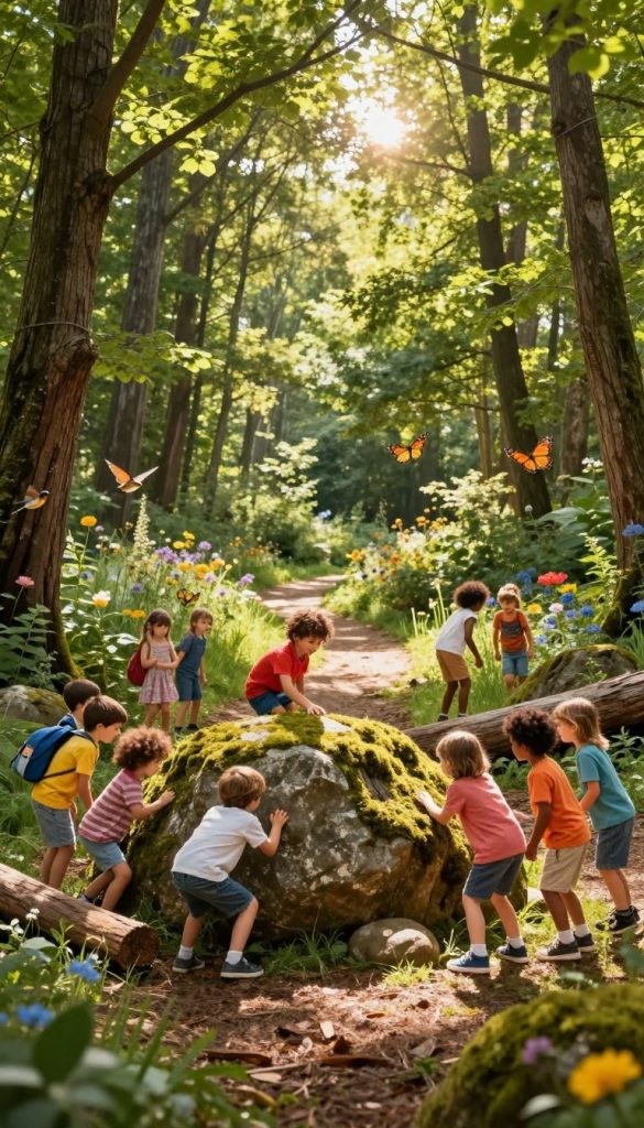 A vibrant forest scene depicting children engaging in imaginative outdoor play, surrounded by lush green trees and dappled sunlight filtering through the leaves. In the foreground, a diverse group of children, dressed in bright, casual clothing, are playing hide and seek among large, mossy rocks and fallen logs. The middle ground features a clear, winding path bordered by wildflowers, while birds and butterflies flit around, adding to the lively atmosphere. The background showcases towering trees with sunlight streaming through, creating a warm, inviting glow. The overall mood is joyful and inspiring, evoking a sense of adventure and connection with nature, ideal for a children's outdoor play theme. The style reflects natural DIY aesthetics with warm colors, reminiscent of Pinterest inspirations. Include the brand name "KlickKiste" subtly integrated into the scene.