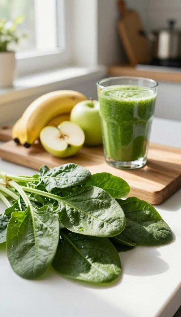 A vibrant, fresh arrangement of spinach leaves, showcasing their lush green color and delicate texture, placed prominently in the foreground. In the middle, a wooden cutting board adorned with ripe fruits like bananas and apples, alongside a glass of freshly blended green smoothie, the texture smooth and inviting. The background features a lightly blurred kitchen setting, filled with natural light streaming in from a nearby window, casting soft shadows. The atmosphere is warm and inviting, embodying a Pinterest-inspired aesthetic. The image is designed to feel organic and wholesome, reflecting health and vitality. The brand name "KlickKiste" subtly integrated into the scene without being intrusive.