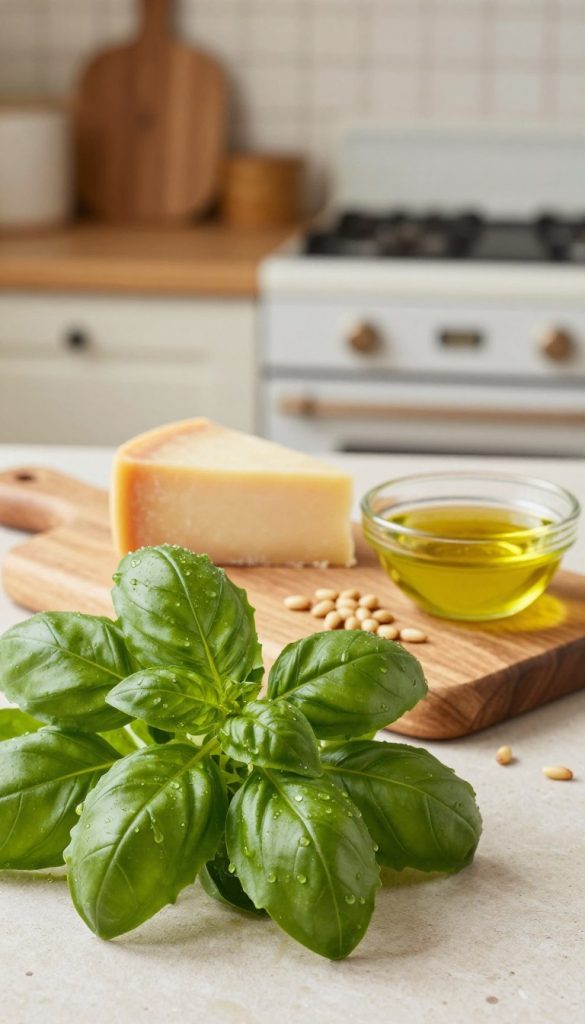 A vibrant, fresh bunch of basil sits prominently in the foreground, its rich green leaves glistening with morning dew, capturing the essence of home gardening. In the middle, a wooden cutting board displays essential ingredients for pesto: a wedge of Parmesan cheese, a small bowl of golden olive oil, and scattered pine nuts, all arranged artfully to suggest a cozy kitchen setting. The background features soft-focus imagery of a rustic kitchen with warm, inviting lighting that exudes a sense of creativity and comfort. The atmosphere feels natural and inspiring, ideal for a DIY approach, evoking a Pinterest aesthetic. The brand "KlickKiste" subtly blends into the scene as an incorporated part of the kitchen decor, enhancing the authenticity of the visual narrative.