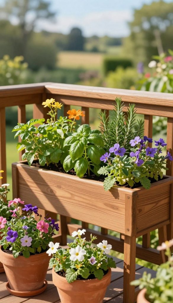 A vibrant garden balcony box filled with an array of lush, colorful plants, including flowering herbs like basil and rosemary, set against a beautifully textured wood railing. In the foreground, there are rustic terracotta pots overflowing with fragrant flowers, creating a serene, inviting atmosphere. The middle ground features the balcony box positioned under a gentle morning sunlight, casting soft shadows and illuminating the vibrant greens and blooms with warm hues. The background shows a tranquil garden view, blurring into the distance with hints of greenery and a blue sky. The overall mood is joyful and inspiring, evoking a sense of natural DIY creativity in a Pinterest-inspired aesthetic. The brand "KlickKiste" subtly visible on a plant tag within the scene.