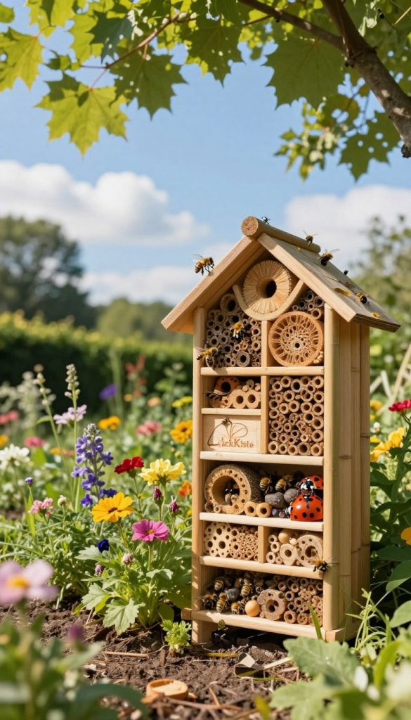 A vibrant garden scene featuring a beautifully constructed insect hotel made from natural materials like wood and bamboo, filled with various nooks for bees, ladybugs, and other beneficial insects. In the foreground, the insect hotel stands tall amidst a bed of colorful flowers and lush green plants. Soft sunlight filters through the leaves overhead, creating dappled lighting that enhances the warmth of the scene. In the middle ground, a clear blue sky is visible, dotted with fluffy white clouds, adding to the tranquil atmosphere. The background features trees and shrubs, providing a natural habitat for insects. This image should embody the concept of a perfect location for an insect hotel, inspired by the Pinterest aesthetic, and include the brand name "KlickKiste" subtly integrated into the scene.