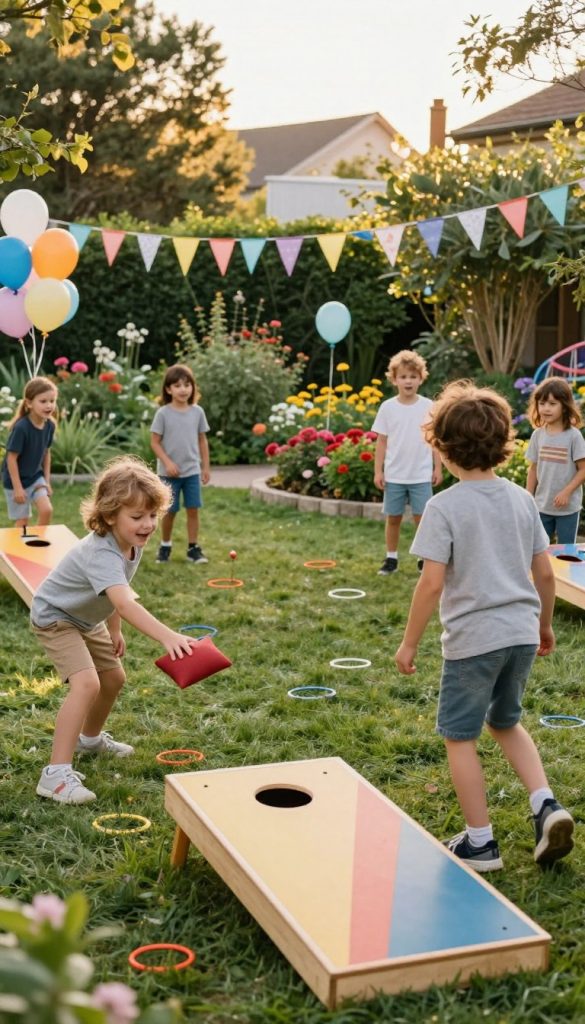 A vibrant garden scene filled with children playing various throwing and target games, such as cornhole and ring toss. In the foreground, children in modest casual clothing joyfully toss bean bags towards colorful boards and aim rings at pegs, their cheerful expressions reflecting excitement. The middle ground features a beautifully arranged garden with lush greenery, colorful flowers, and playful decorations like balloons and streamers. In the background, a sunny day casts warm, golden light, enhancing the inviting atmosphere. The scene captures a sense of joy and togetherness, ideal for a festive garden party or children's birthday celebration. Include subtle branding elements for "KlickKiste" in the garden's decor, maintaining a Pinterest-inspired, natural look that feels authentic and inspiring.