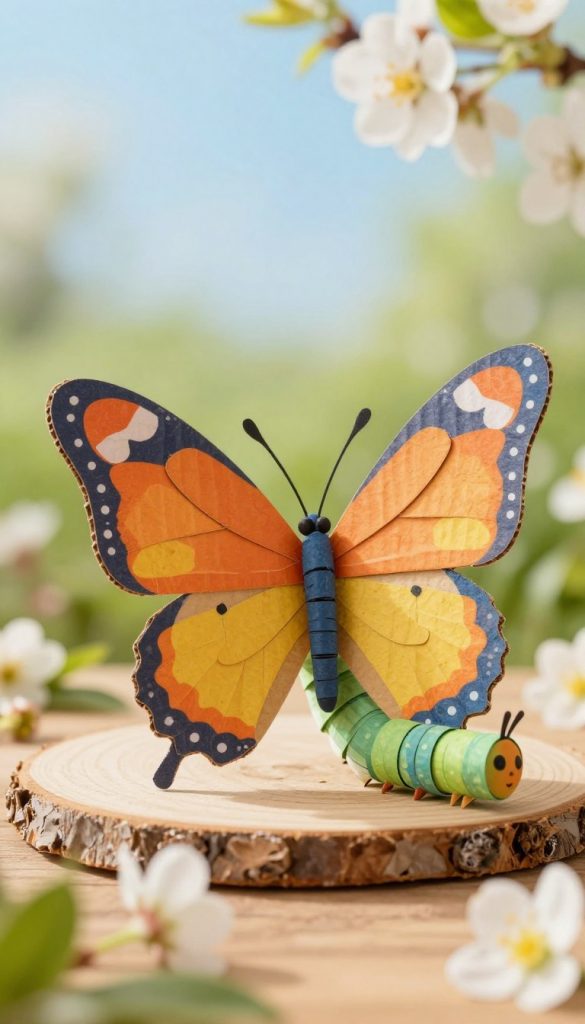 A vibrant, hand-crafted butterfly made from cardboard, wing decorations featuring colorful patterns and textures, perched on a natural wooden surface. In the foreground, delicate spring flowers bloom, adding a touch of nature to the scene. The butterfly is gracefully displayed, showcasing its detailed wings in warm, inviting colors of orange, yellow, and blue. In the middle ground, a handmade caterpillar made from rolled colored paper can be seen, symbolizing transformation. The background is softly blurred, suggesting a sunny spring day with a gentle bokeh effect of bright greens and blues. The lighting is bright and cheerful, creating an uplifting atmosphere ideal for DIY inspiration. The scene reflects authenticity and creativity, embodying the brand "KlickKiste".