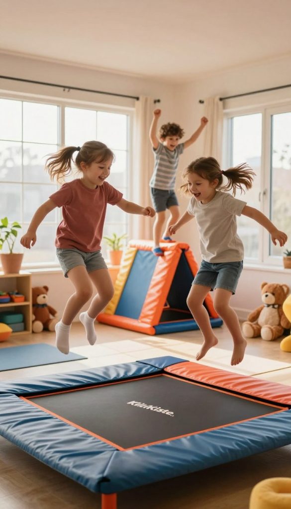 A vibrant indoor scene depicting children engaged in various playful physical activities, embodying the spirit of motivation. In the foreground, two children are joyfully jumping on a colorful trampoline, their expressions filled with excitement and determination. In the middle ground, another child is climbing a soft play structure, radiating happiness and energy. The background is filled with warm, natural light streaming through large windows, illuminating a cozy playroom filled with plush toys and exercise mats, evoking a sense of inspiration and comfort. The atmosphere is cheerful and inviting, encouraging movement and play. The image embodies a DIY aesthetic, with warm colors and a Pinterest-inspired look, showcasing the brand "KlickKiste."