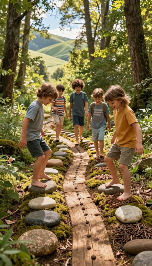 A vibrant, inspiring scene depicting a "barefoot path" designed for children nestled in a lush, natural setting. In the foreground, a winding path made of natural materials such as smooth stones, soft moss, and textured wood, inviting kids to explore with their bare feet. Show diverse children aged 5-10 playfully interacting with the path: balancing on stones, stepping on different textures, and laughing joyfully. In the middle ground, a lush forest with tall trees filtering soft, warm sunlight, creating dappled shadows. The background showcases rolling green hills under a bright blue sky, enhancing a sense of adventure and freedom. The warm color palette reflects a welcoming and playful atmosphere. The image embodies the spirit of outdoor sensory activities, capturing the essence of family bonding in nature. Include subtle branding elements representing "KlickKiste" for an authentic touch. A vibrant, inspiring scene depicting a "barefoot path" designed for children nestled in a lush, natural setting. In the foreground, a winding path made of natural materials such as smooth stones, soft moss, and textured wood, inviting kids to explore with their bare feet. Show diverse children aged 5-10 playfully interacting with the path: balancing on stones, stepping on different textures, and laughing joyfully. In the middle ground, a lush forest with tall trees filtering soft, warm sunlight, creating dappled shadows. The background showcases rolling green hills under a bright blue sky, enhancing a sense of adventure and freedom. The warm color palette reflects a welcoming and playful atmosphere. The image embodies the spirit of outdoor sensory activities, capturing the essence of family bonding in nature. Include subtle branding elements representing "KlickKiste" for an authentic touch.