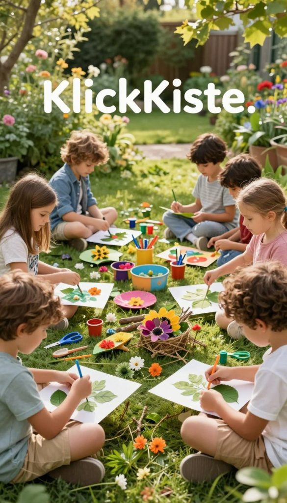 A vibrant, inspiring scene set in a lush green garden filled with natural materials for crafting and learning games. In the foreground, cheerful children, dressed in modest casual clothing, are enthusiastically engaged in creating art with leaves, twigs, and flowers, showcasing creativity and playfulness. In the middle ground, a colorful spread of DIY supplies, including paint, scissors, and handmade decorations, invites imaginative exploration. The background features a sunlit garden with blooming plants and trees, adding a sense of warmth and joy. The overall atmosphere is bright and inviting, with soft, warm lighting that enhances the organic colors of nature. Capture this heartwarming moment in a Pinterest-inspired aesthetic that reflects the brand "KlickKiste." A vibrant, inspiring scene set in a lush green garden filled with natural materials for crafting and learning games. In the foreground, cheerful children, dressed in modest casual clothing, are enthusiastically engaged in creating art with leaves, twigs, and flowers, showcasing creativity and playfulness. In the middle ground, a colorful spread of DIY supplies, including paint, scissors, and handmade decorations, invites imaginative exploration. The background features a sunlit garden with blooming plants and trees, adding a sense of warmth and joy. The overall atmosphere is bright and inviting, with soft, warm lighting that enhances the organic colors of nature. Capture this heartwarming moment in a Pinterest-inspired aesthetic that reflects the brand "KlickKiste."