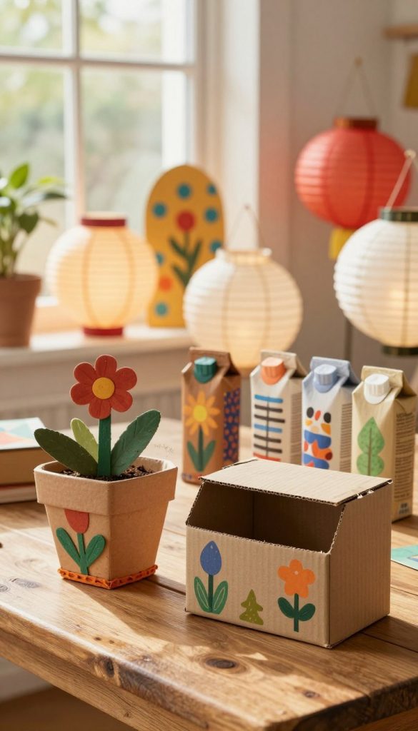 A vibrant, inspiring scene showcasing various upcycled projects made from tetrapacks and cardboard. In the foreground, a beautifully crafted flower pot and decorative storage box, both made from repurposed materials, sit on a rustic wooden table. The middle ground features an assortment of colorful crafts, such as paper lanterns and unique art pieces, all radiating creativity. In the background, natural light filters through a window, casting warm, inviting rays over the scene, enhancing the cozy, DIY atmosphere. The overall look should embody a Pinterest aesthetic, with soft, warm colors and a touch of authenticity. Include the brand name "KlickKiste" subtly integrated into the design, ensuring the image remains clean and free of any text or watermarks.