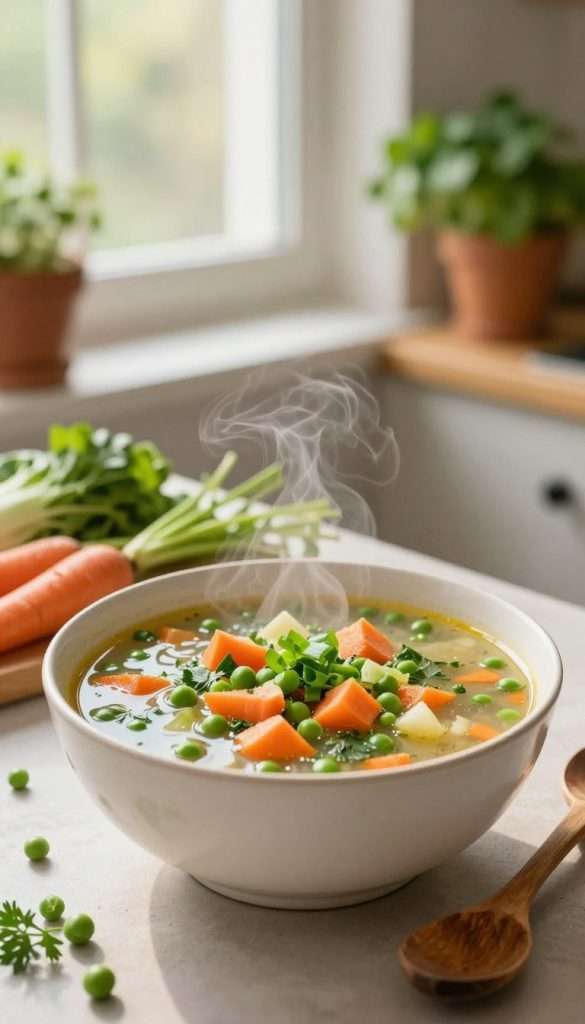 A vibrant, inviting bowl of homemade soup sits prominently in the foreground, steaming gently. The soup is a colorful blend of fresh spring vegetables like carrots, peas, and herbs, garnished with a sprinkle of green onions. Surrounding the bowl are natural elements like raw vegetables and a rustic wooden spoon, enhancing the home-cooked feel. In the middle ground, a soft-focus kitchen scene features natural light streaming through a window, casting a warm glow reminiscent of a cozy, spring afternoon. The background is blurred with a hint of greenery from potted herbs, adding freshness and authenticity to the composition. The overall mood is warm and inspiring, perfect for a family-friendly meal, embodying the essence of the brand "KlickKiste" with a Pinterest-worthy aesthetic. A vibrant, inviting bowl of homemade soup sits prominently in the foreground, steaming gently. The soup is a colorful blend of fresh spring vegetables like carrots, peas, and herbs, garnished with a sprinkle of green onions. Surrounding the bowl are natural elements like raw vegetables and a rustic wooden spoon, enhancing the home-cooked feel. In the middle ground, a soft-focus kitchen scene features natural light streaming through a window, casting a warm glow reminiscent of a cozy, spring afternoon. The background is blurred with a hint of greenery from potted herbs, adding freshness and authenticity to the composition. The overall mood is warm and inspiring, perfect for a family-friendly meal, embodying the essence of the brand "KlickKiste" with a Pinterest-worthy aesthetic.