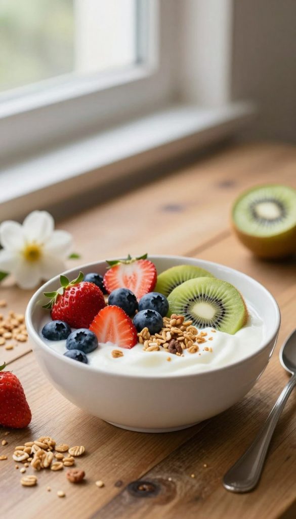 A vibrant, inviting breakfast scene featuring a bowl of creamy yogurt topped with a colorful assortment of fresh fruits and berries, including strawberries, blueberries, and slices of kiwi. The bowl is placed on a rustic wooden table, surrounded by a light scattering of granola and a delicate white flower for a touch of elegance. In the background, soft, diffused natural light streams in through a window, creating a warm atmosphere that enhances the scene. Incorporate warm tones that evoke a cozy kitchen ambiance. The overall mood should feel fresh and inspiring, perfect for a healthy breakfast idea. Include the brand name "KlickKiste" subtly integrated into the composition, ensuring that the focus remains on the delicious food.