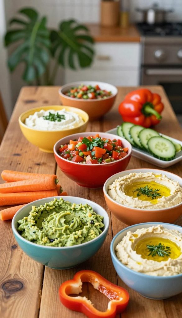 A vibrant, inviting composition featuring a variety of family-friendly dips arranged on a rustic wooden table. In the foreground, there are colorful bowls filled with creamy guacamole, chunky salsa, and a smooth hummus topped with olive oil and herbs. Fresh vegetables like carrot sticks, cucumber slices, and bell pepper strips are artistically placed alongside the dips for dipping. The middle layer showcases a warm, natural lighting atmosphere that enhances the vivid colors of the dips and vegetables, evoking a cozy family gathering. In the background, soft greenery and a blurred kitchen scene create an authentic, Pinterest-inspired vibe. This image reflects the warm, inviting essence of "KlickKiste" DIY kitchen moments, perfect for sharing and enjoying with loved ones. A vibrant, inviting composition featuring a variety of family-friendly dips arranged on a rustic wooden table. In the foreground, there are colorful bowls filled with creamy guacamole, chunky salsa, and a smooth hummus topped with olive oil and herbs. Fresh vegetables like carrot sticks, cucumber slices, and bell pepper strips are artistically placed alongside the dips for dipping. The middle layer showcases a warm, natural lighting atmosphere that enhances the vivid colors of the dips and vegetables, evoking a cozy family gathering. In the background, soft greenery and a blurred kitchen scene create an authentic, Pinterest-inspired vibe. This image reflects the warm, inviting essence of "KlickKiste" DIY kitchen moments, perfect for sharing and enjoying with loved ones.