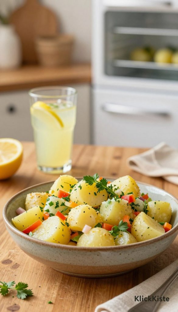 A vibrant, inviting image showcasing a traditional German potato salad resting in a rustic bowl. The potato salad is garnished with fresh herbs and colorful vegetables, reflecting the freshness of ingredients. In the foreground, a wooden table is adorned with warm, natural lighting that creates a cozy atmosphere. The middle layer features an elegant glass of lemonade, adding a festive touch, while soft-focus culinary tools and decor hint at a kitchen setting in the background, enhancing the DIY theme. The colors should be warm and earthy, evoking a homey Pinterest-inspired aesthetic. The logo "KlickKiste" subtly incorporated into the scene. The overall mood should be authentic and inspiring, inviting viewers to appreciate the importance of letting the salad "sit" in the refrigerator for a flavor boost.