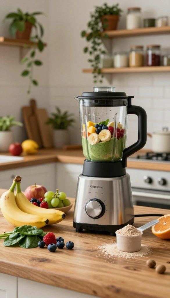A vibrant, inviting kitchen scene featuring a high-quality blender on a rustic wooden countertop, surrounded by fresh, colorful ingredients ready to be blended into a protein drink. In the foreground, include fruits like bananas, berries, and spinach, alongside a scoop of protein powder in a measuring spoon. The blender should be partially filled with these ingredients, showcasing a delicious mixture. The middle ground displays soft, natural lighting that highlights the textures and colors of the ingredients, creating a warm, friendly atmosphere. In the background, a cozy kitchen with hanging plants and wooden shelves filled with jars can be seen, adding to the inspiring Pinterest-like aesthetic. The branding of "KlickKiste" subtly integrated into the scene, without text.